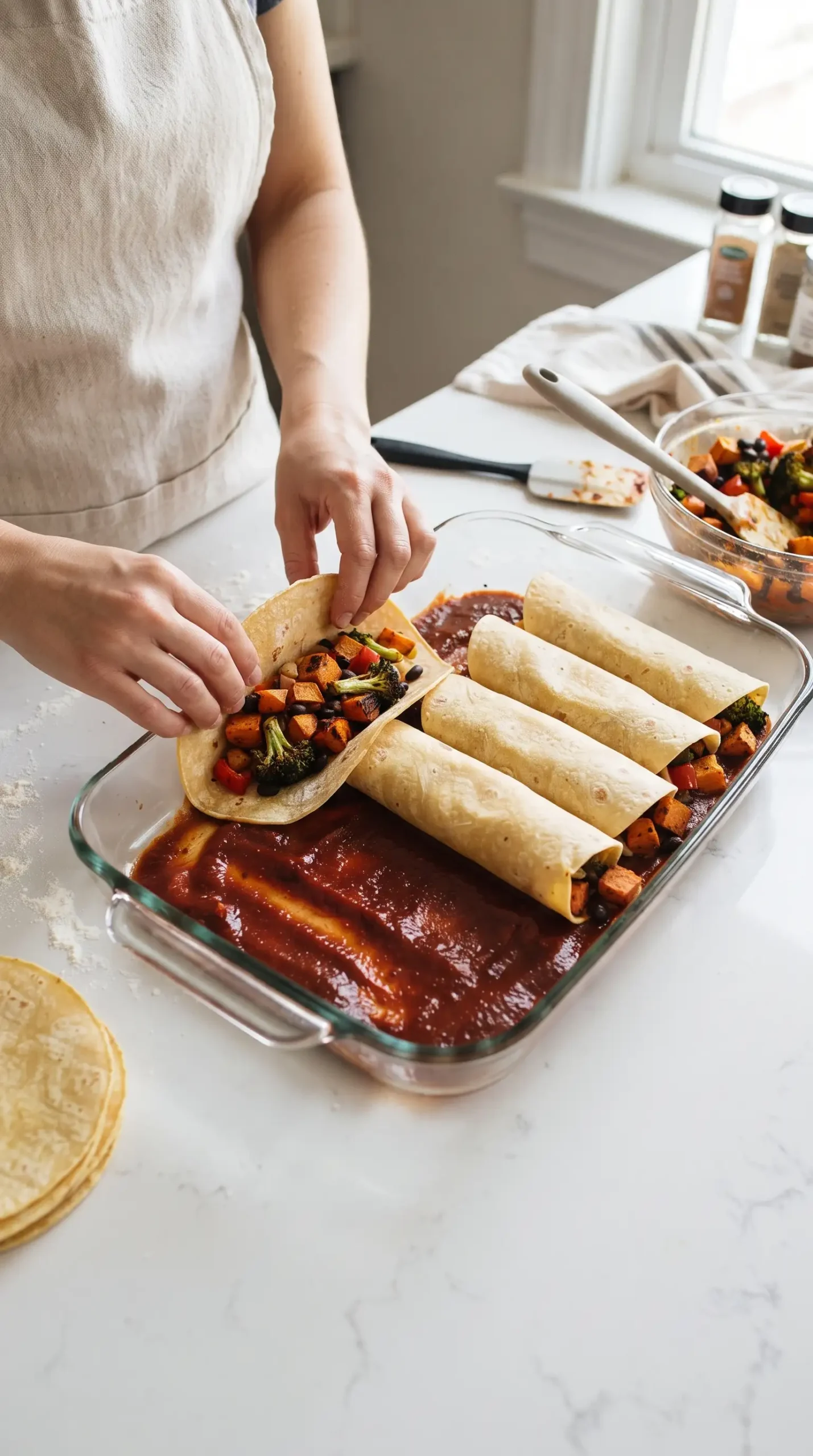 Corn tortillas filled with roasted vegetables, black beans, and cheese during enchilada assembly