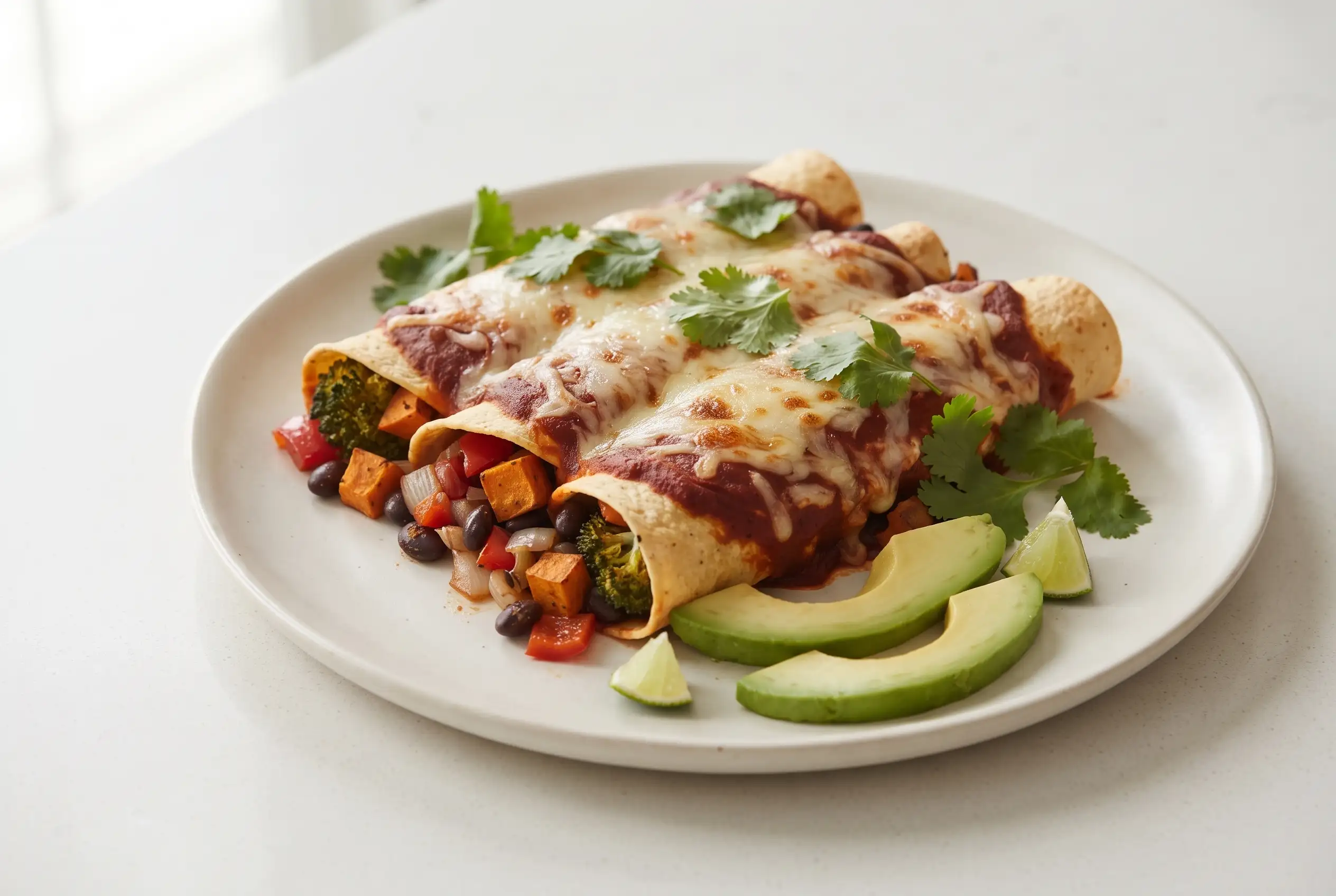 Veggie enchiladas with roasted vegetables, black beans, cheese, and red sauce on a plate