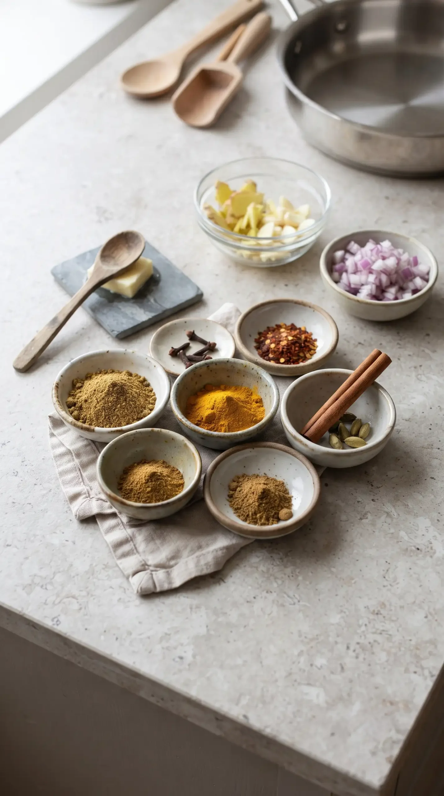 Spices and aromatics prepared for making veggie korma curry sauce