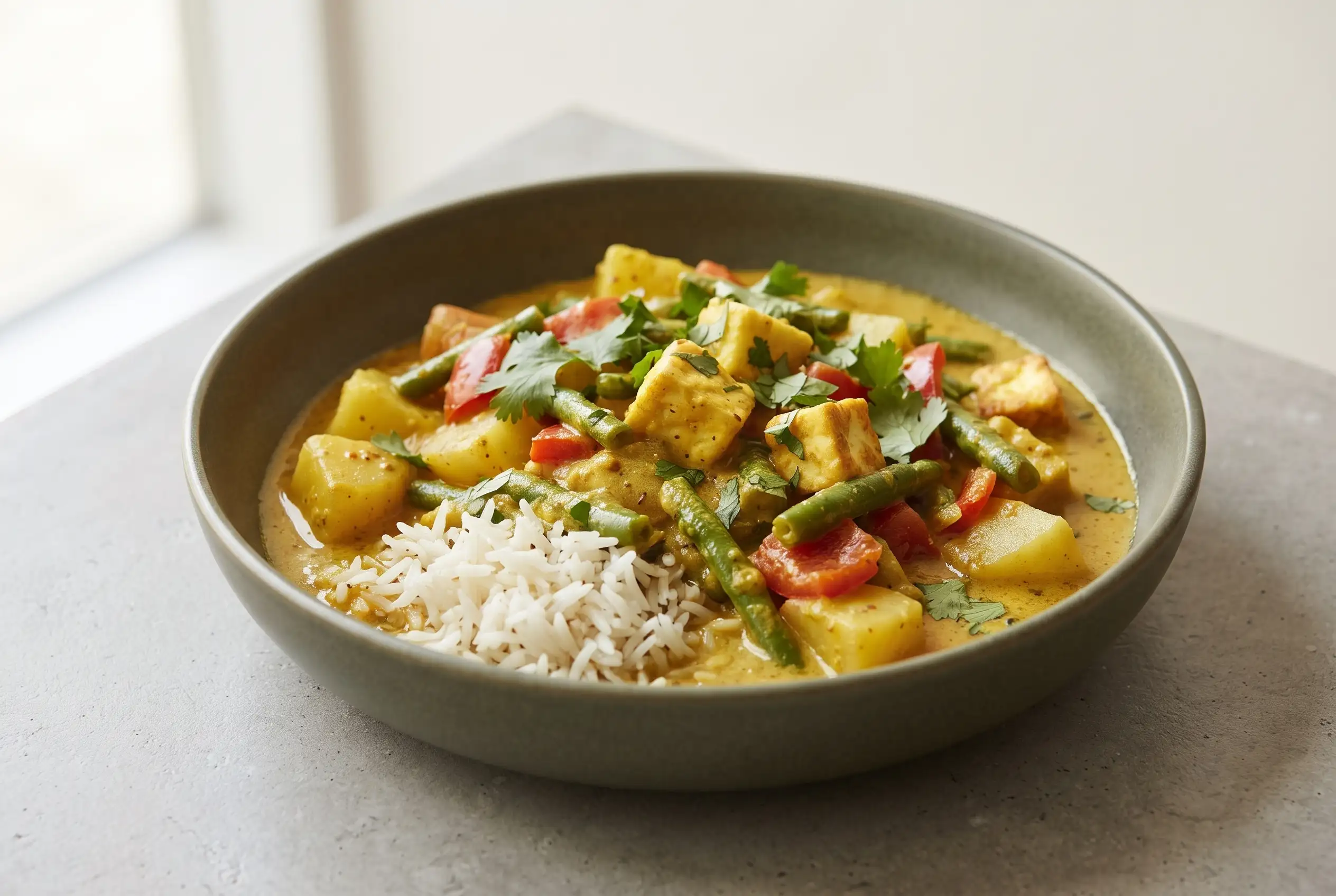 Veggie korma with paneer in creamy golden sauce served with basmati rice and cilantro