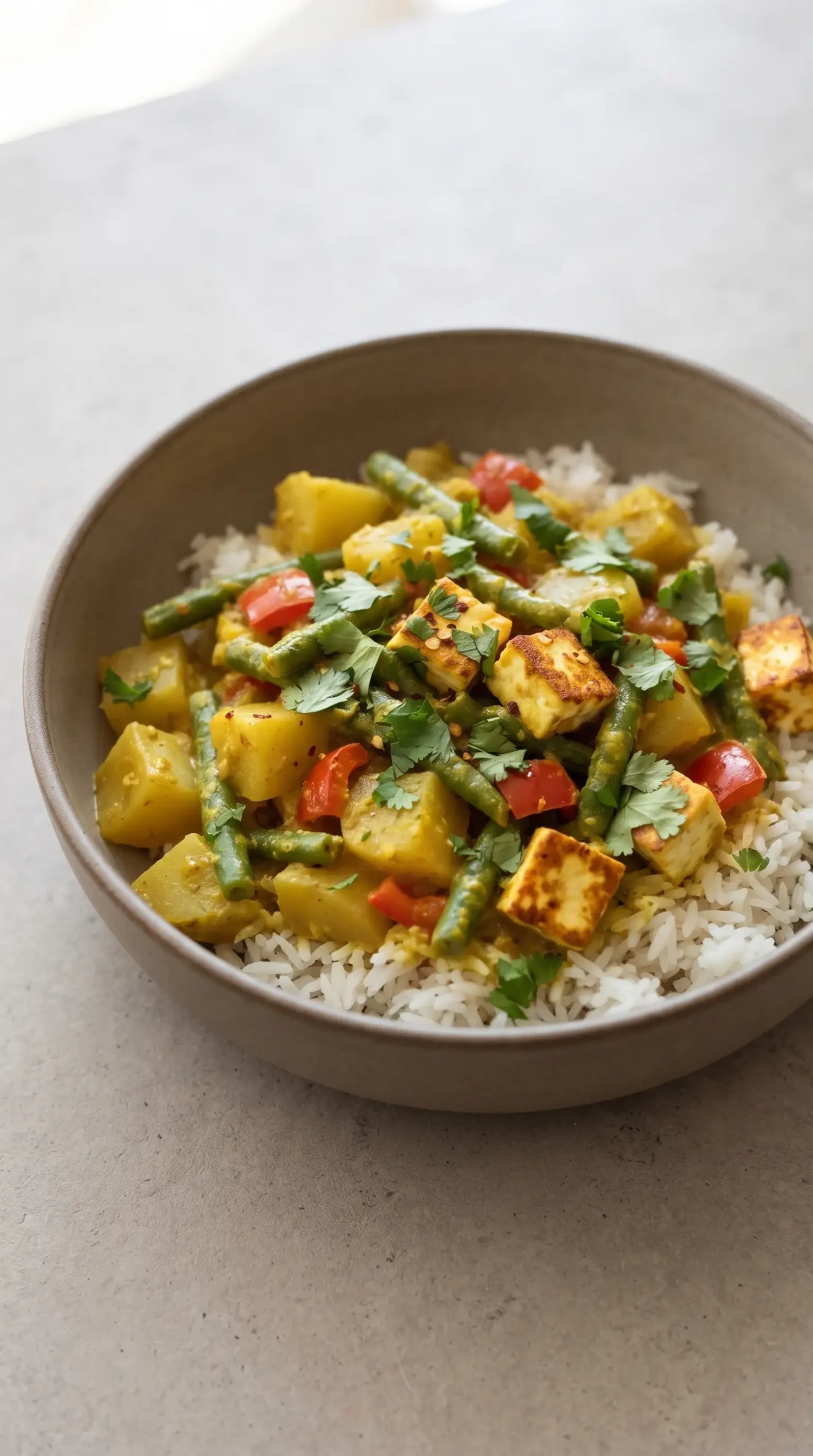 Veggie korma with paneer served over basmati rice with cilantro garnish