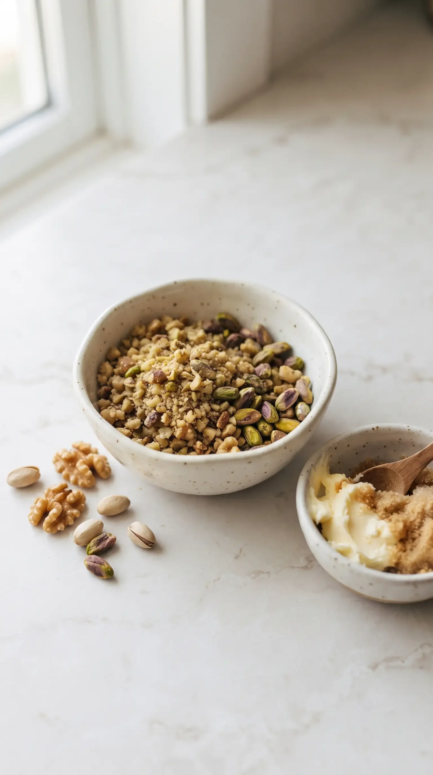 Chopped walnuts and pistachios with butter and brown sugar for baklava topping