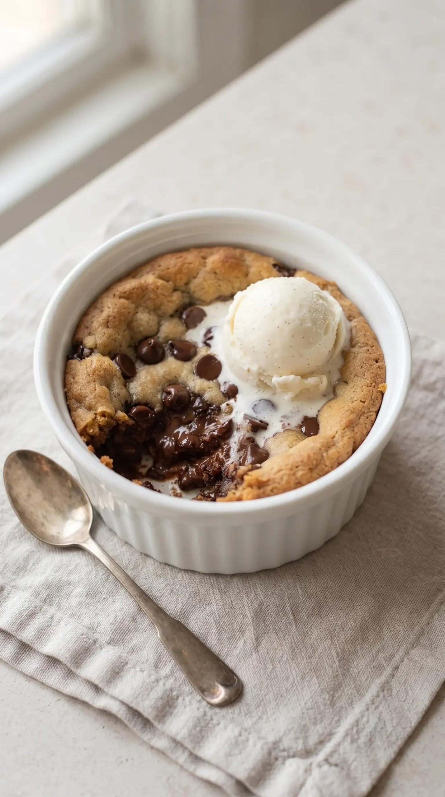 Warm deep dish cookie bowl with chocolate chips and a scoop of vanilla ice cream