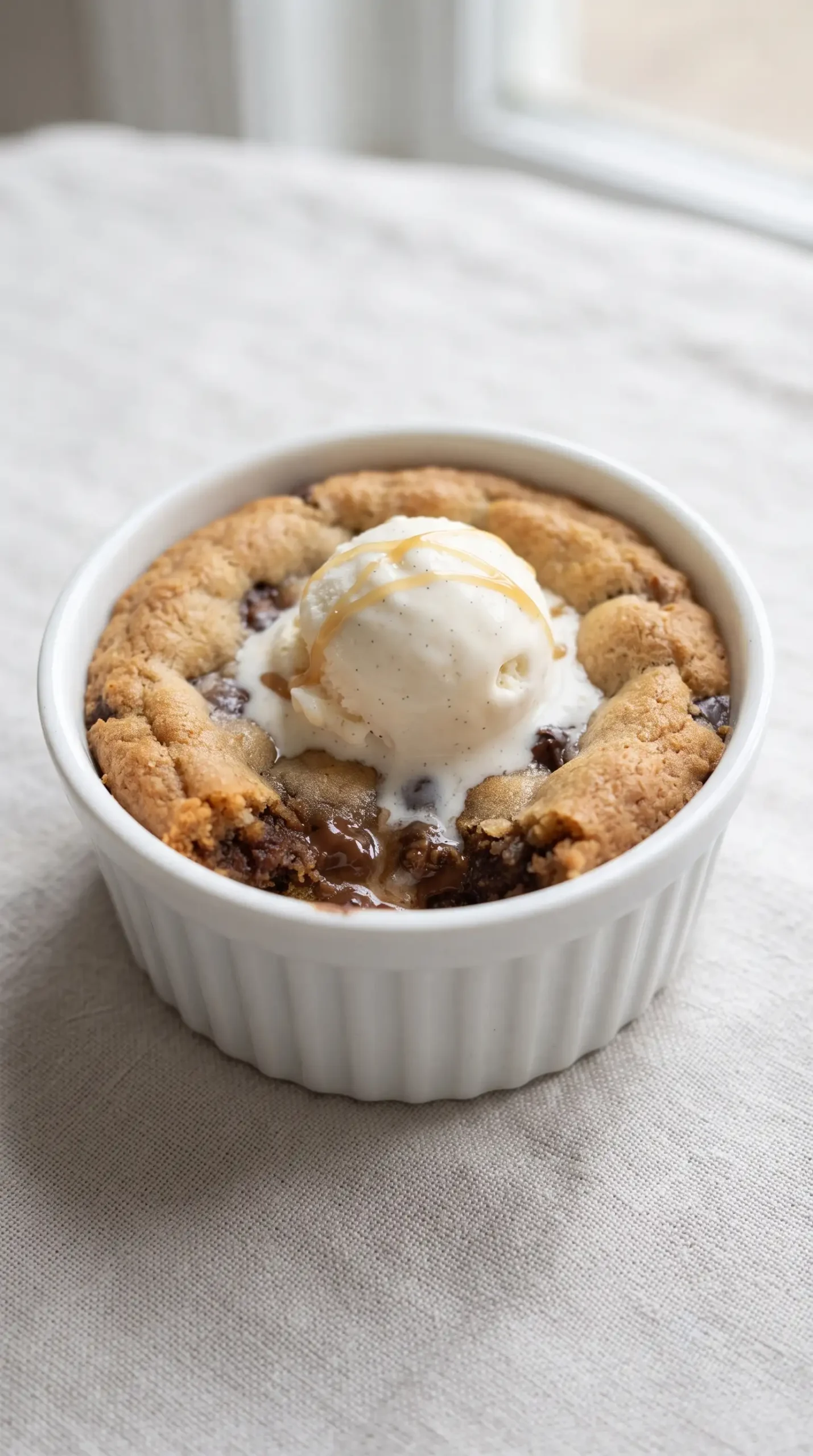 Warm chocolate chip cookie bowl topped with melting vanilla ice cream