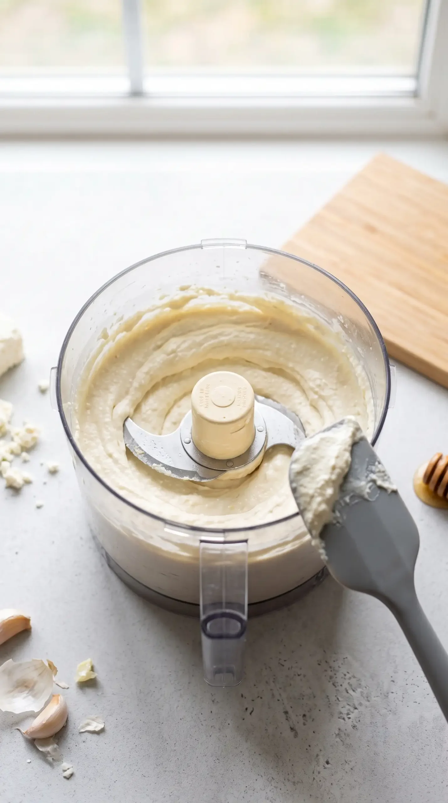 Whipped feta mixture blending in a food processor for a creamy appetizer base