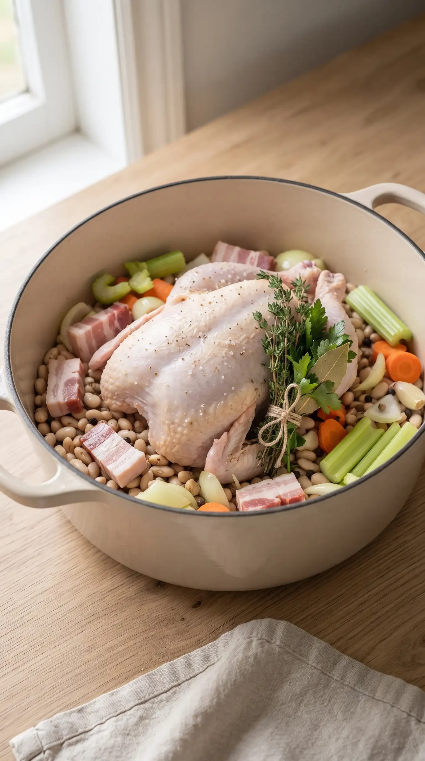 Whole chicken resting over navy beans with herbs in a pot before making country chicken stew