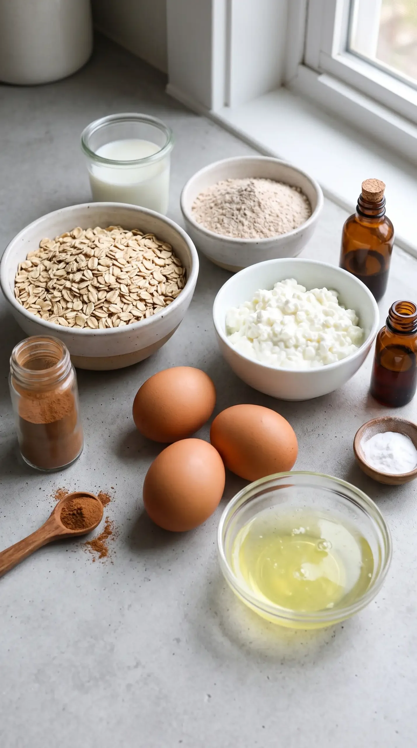 Rolled oats, wheat flour, cottage cheese, eggs, milk, cinnamon, and baking ingredients arranged for pancakes