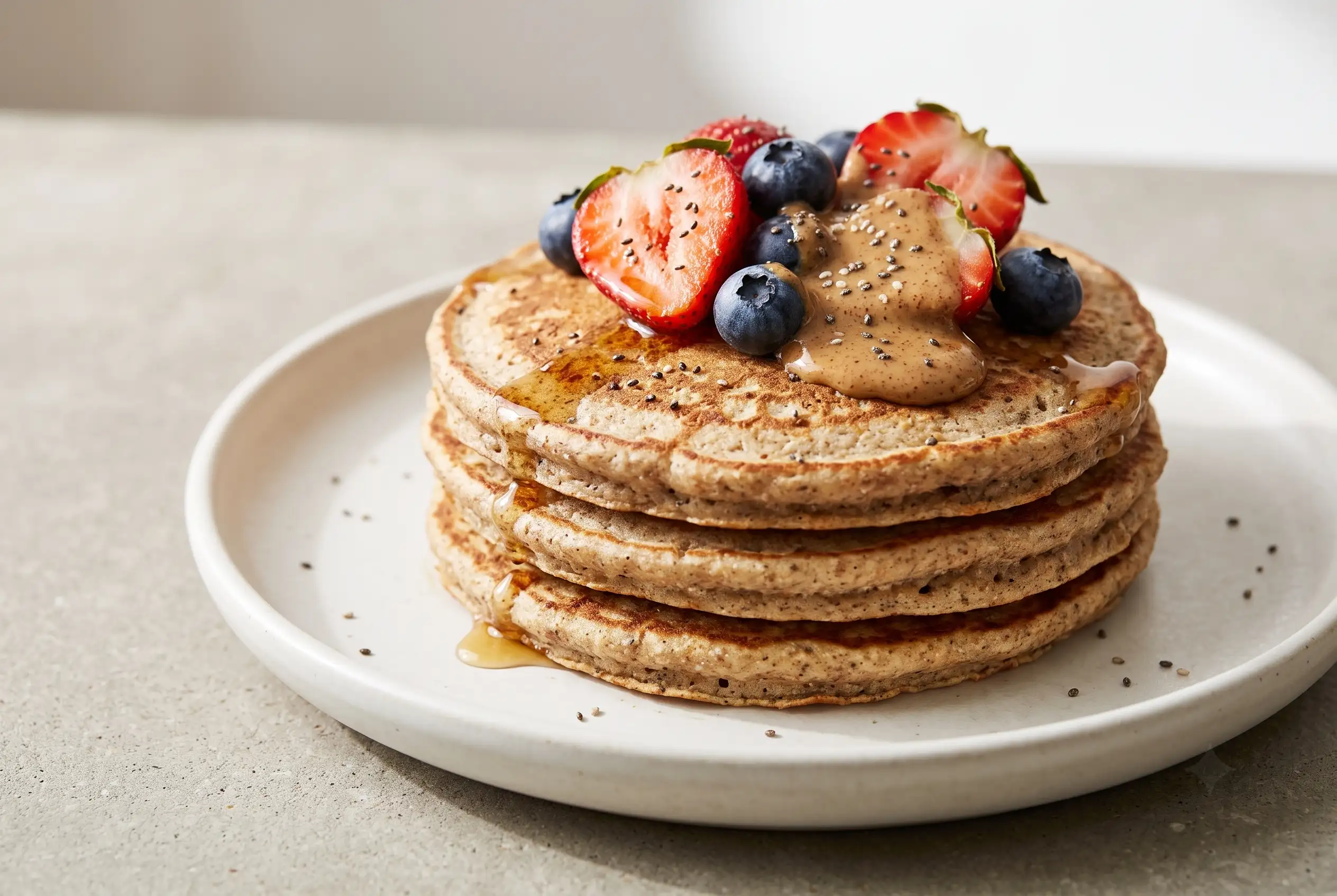 Whole Grain Pancake Stack Stack of whole grain pancakes topped with fruit, maple syrup, almond butter, and chia seeds