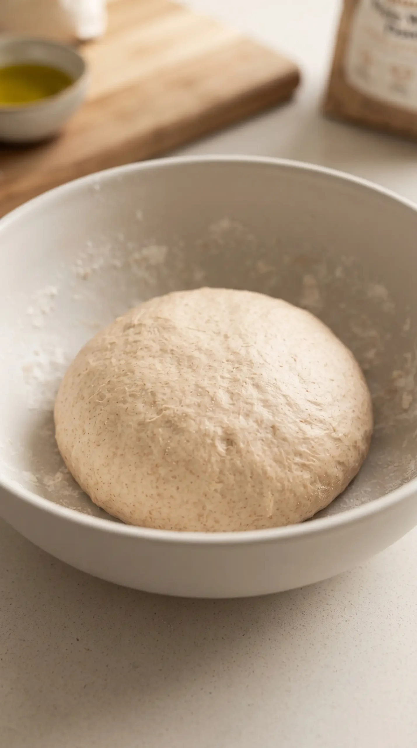 Smooth whole wheat pizza dough ball resting in a light-colored mixing bowl.