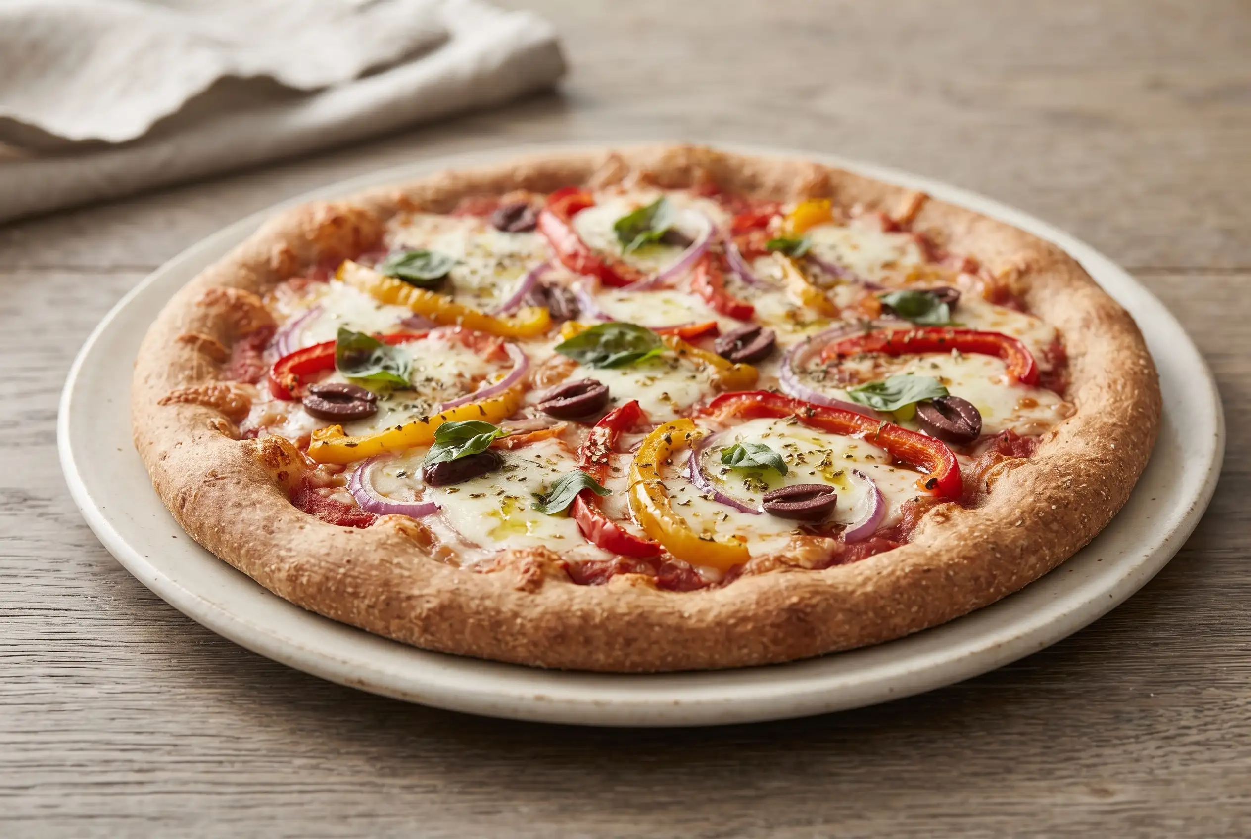 Whole wheat pizza dough baked into a homemade pizza with golden crust, melted cheese, and vegetables.