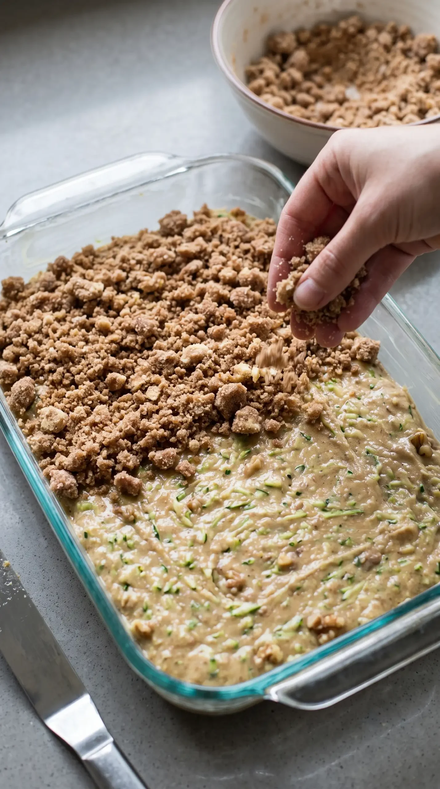 Layering cinnamon sugar crumb topping over zucchini coffee cake batter in a baking pan