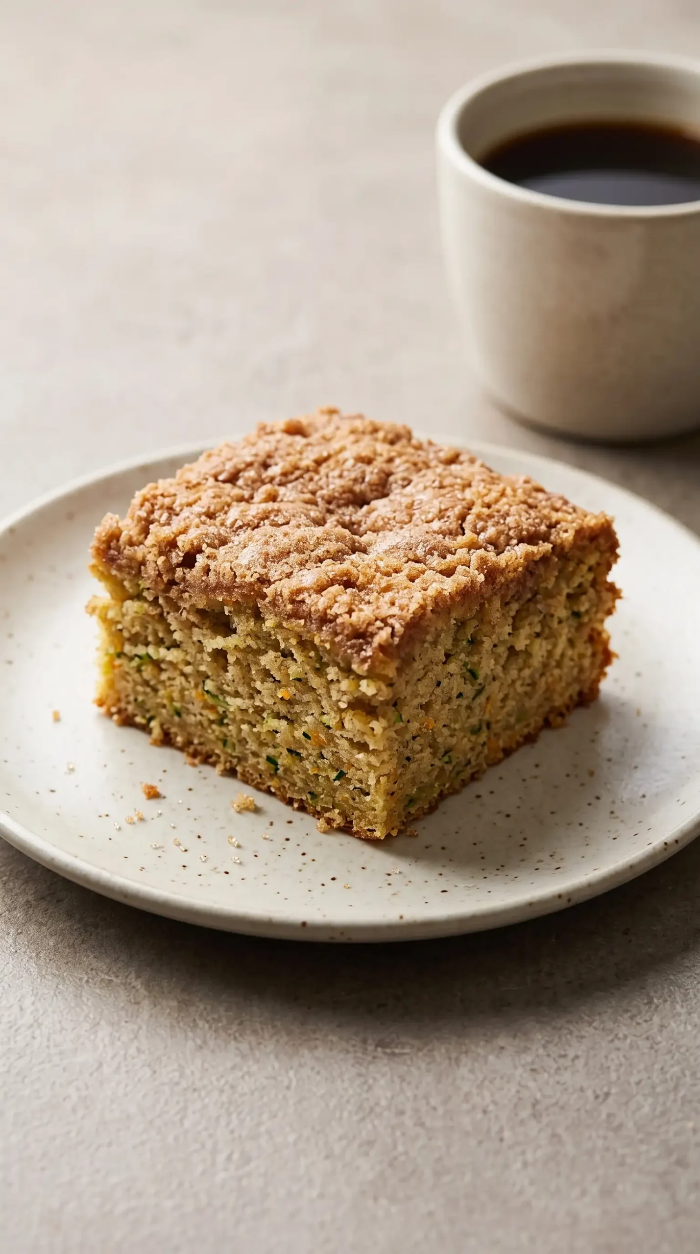 Slice of cinnamon sugar zucchini coffee cake served as a breakfast treat