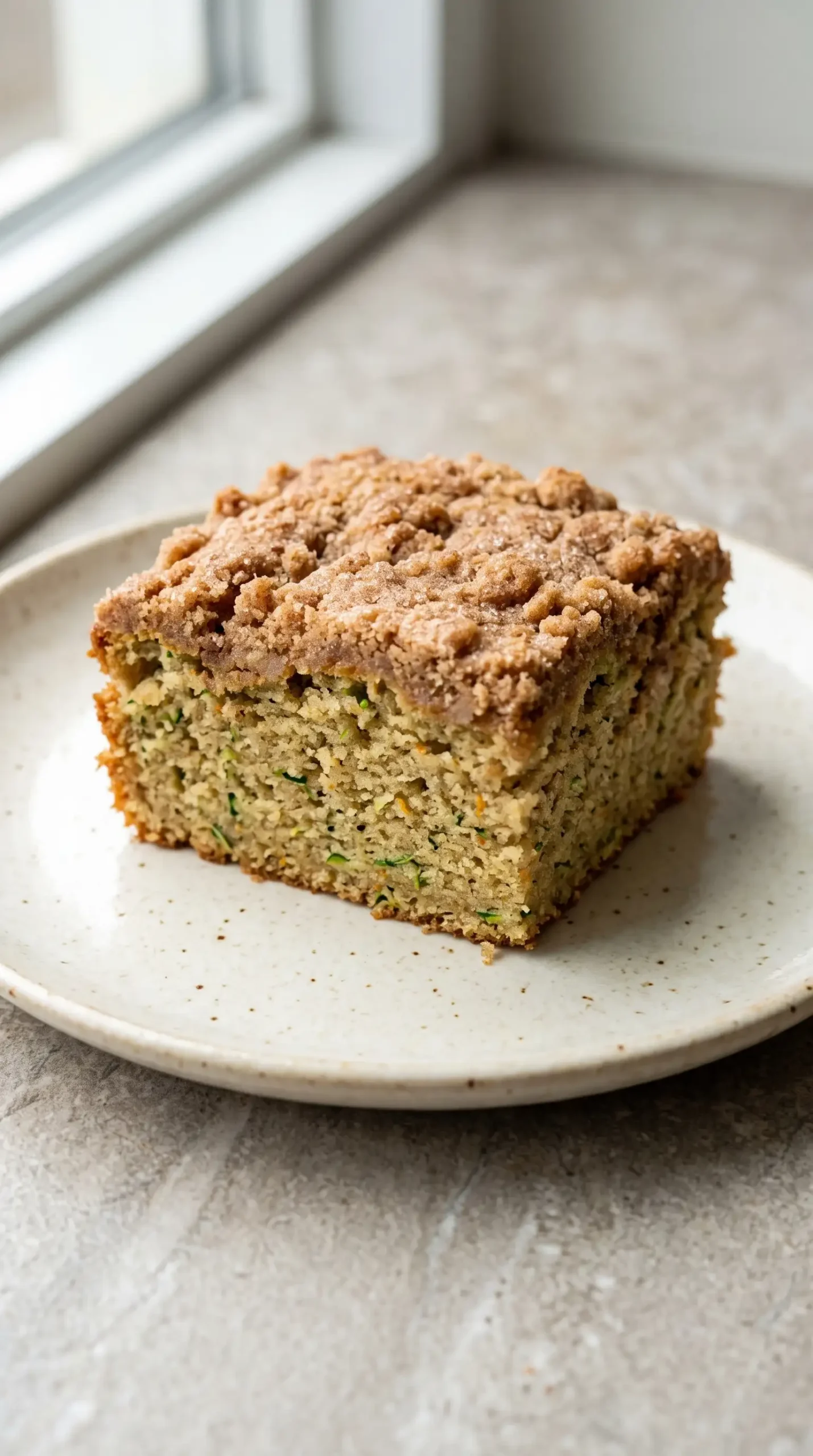 Close-up slice of zucchini coffee cake showing moist crumb and cinnamon sugar topping