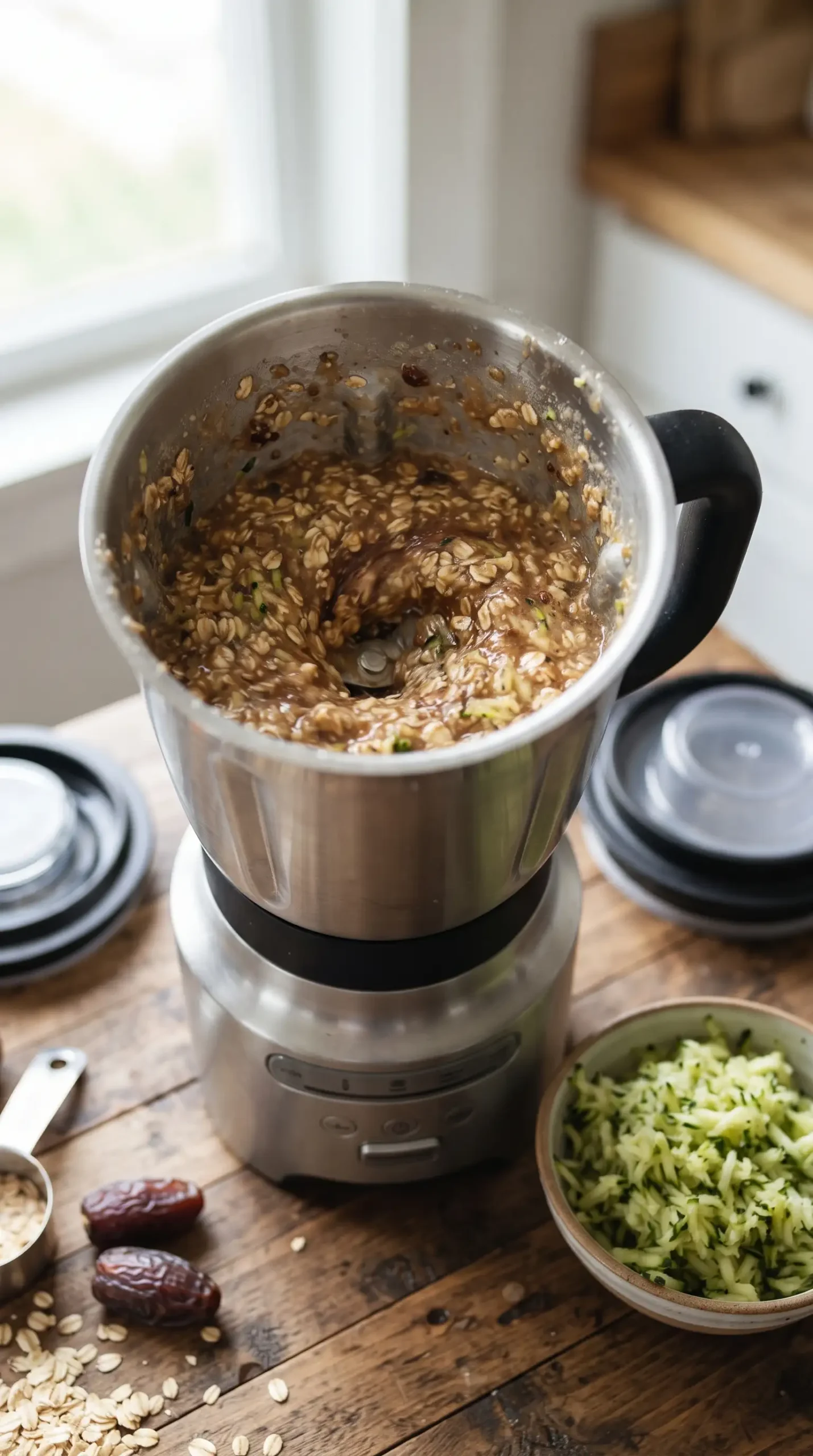 Blender filled with chunky oat batter for zucchini muffins with dates and zucchini