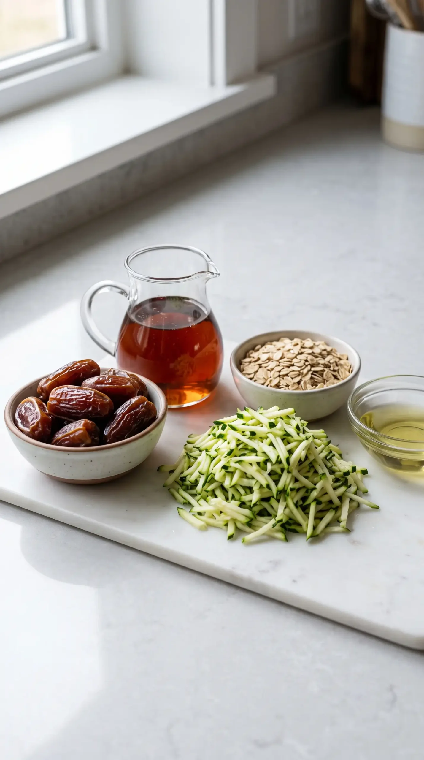Medjool dates, maple syrup, grated zucchini, rolled oats, and olive oil for zucchini muffins