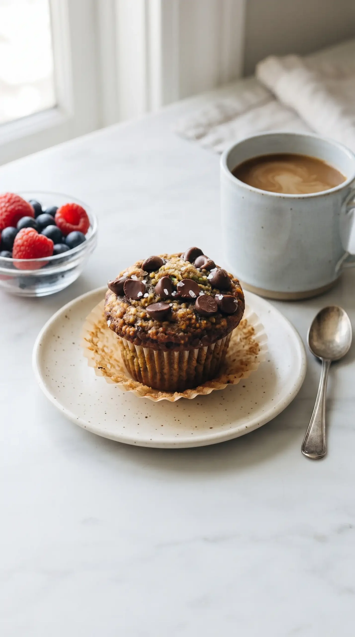 Finished zucchini muffin with oat crumb, zucchini pieces, and chocolate chips beside coffee