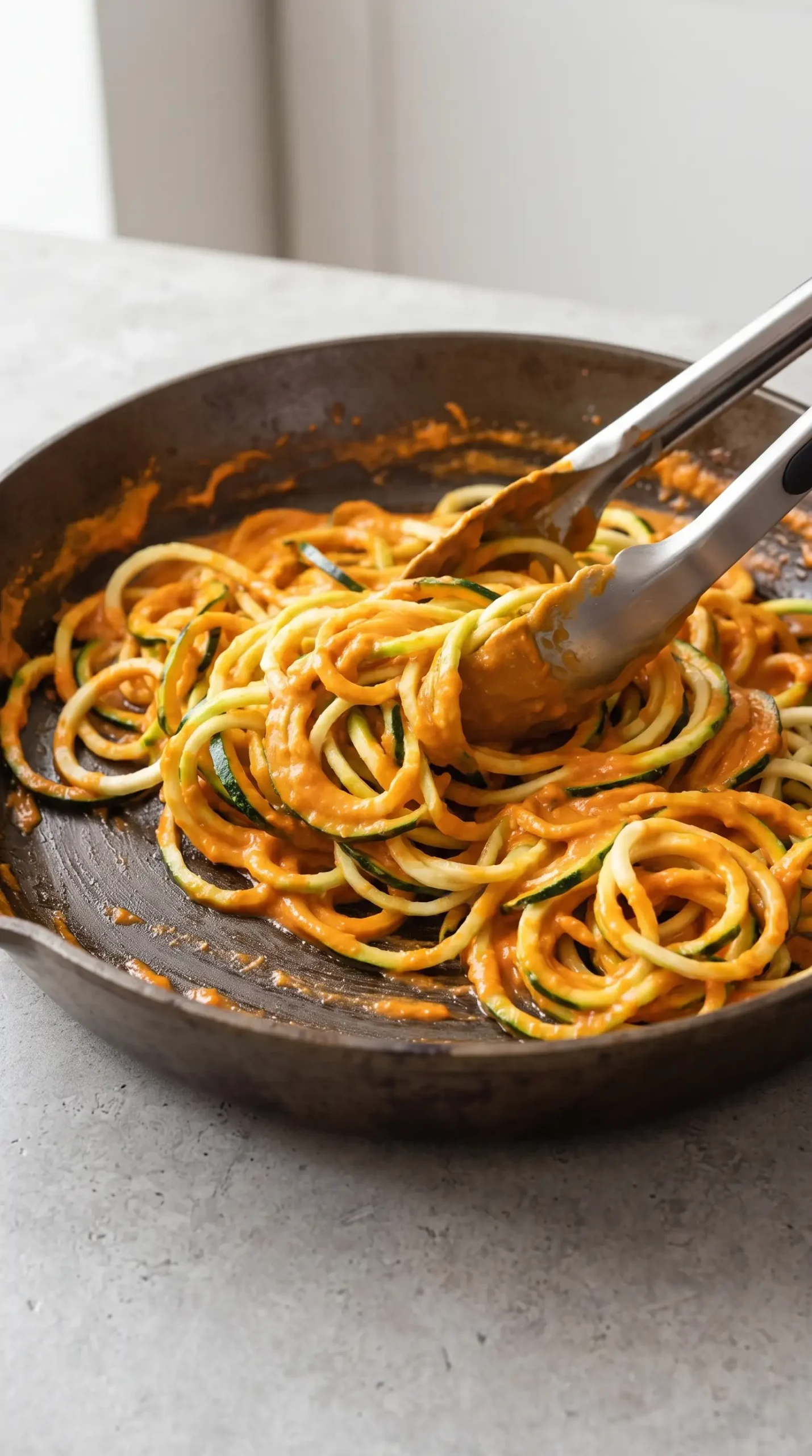 Zucchini noodles tossed with creamy roasted red pepper tahini sauce