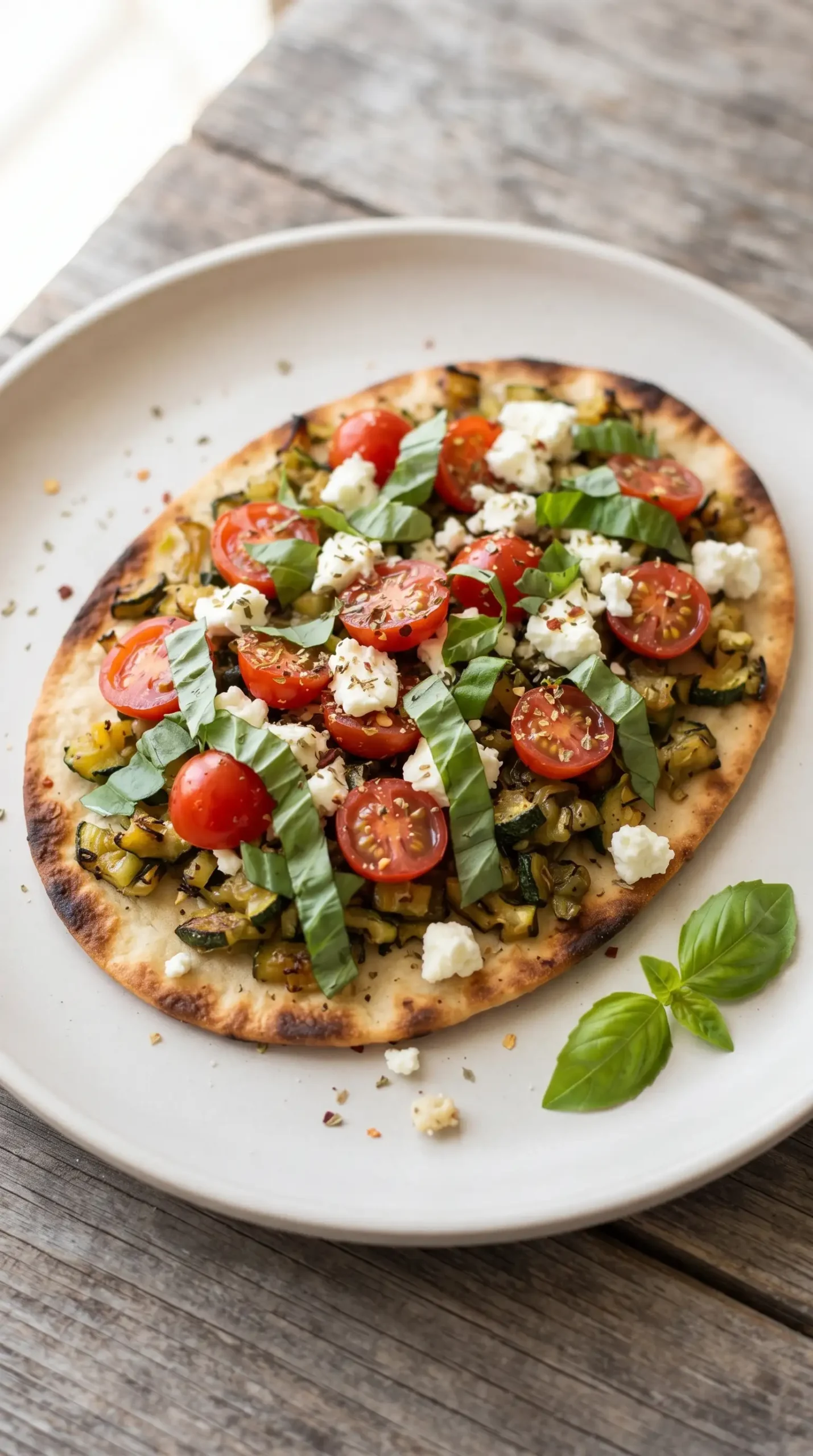Professional food photography close-up of a finished Farmer's Market Flatbread Pizza served as a single crisp flatbread portion on a simple ceramic plate, topped with browned zucchini, fresh chopped grape tomatoes, crumbled white cheese, and scattered fresh basil. Show the contrast between the toasted flatbread base and the fresh toppings with one primary serving as the focus, natural lighting, realistic homemade texture, and a minimal background without extra slices or decorative elements.